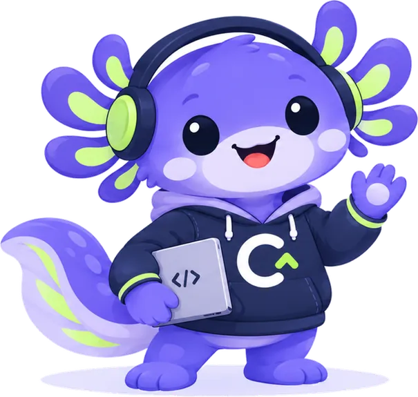 Kody, el ajolote morado de Codea, con audífonos y su hoodie, saluda con la mano